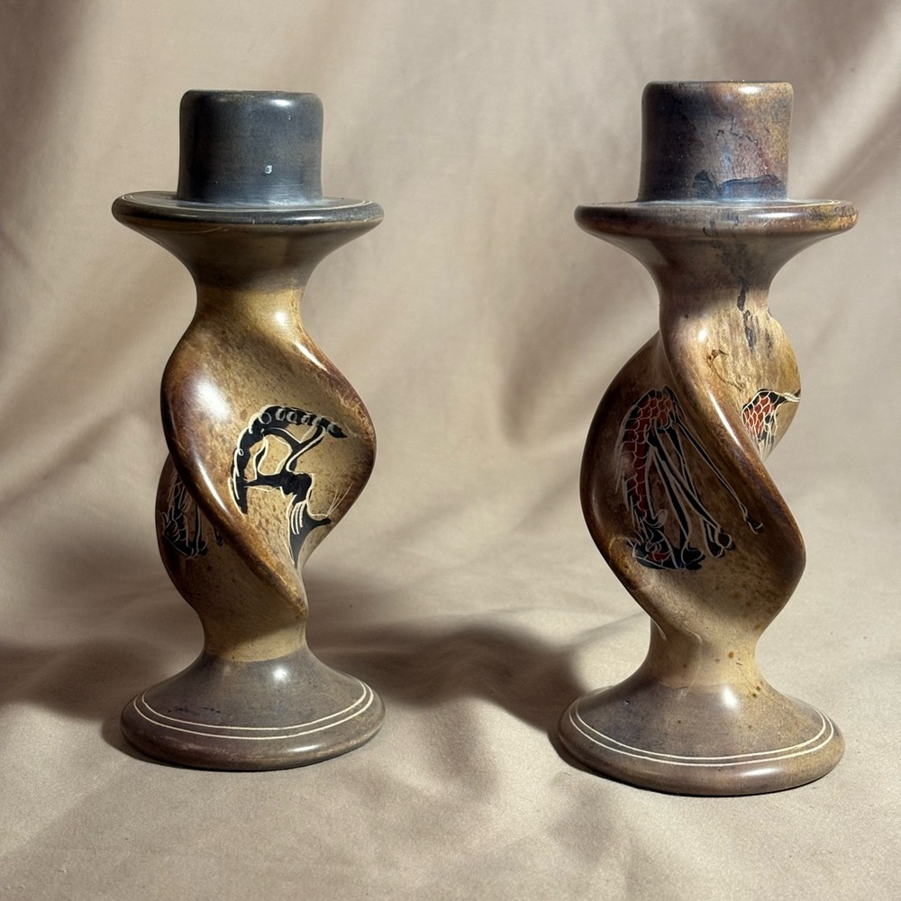 Tan Nature-Inspired Candle Holders with Giraffes and Trees